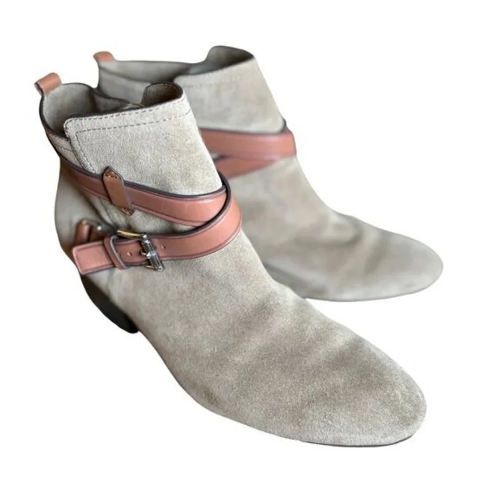 COACH Womens Taupe Bootie Pauline Size 9 M Leather Ankle Boots Suede‎ Strappy